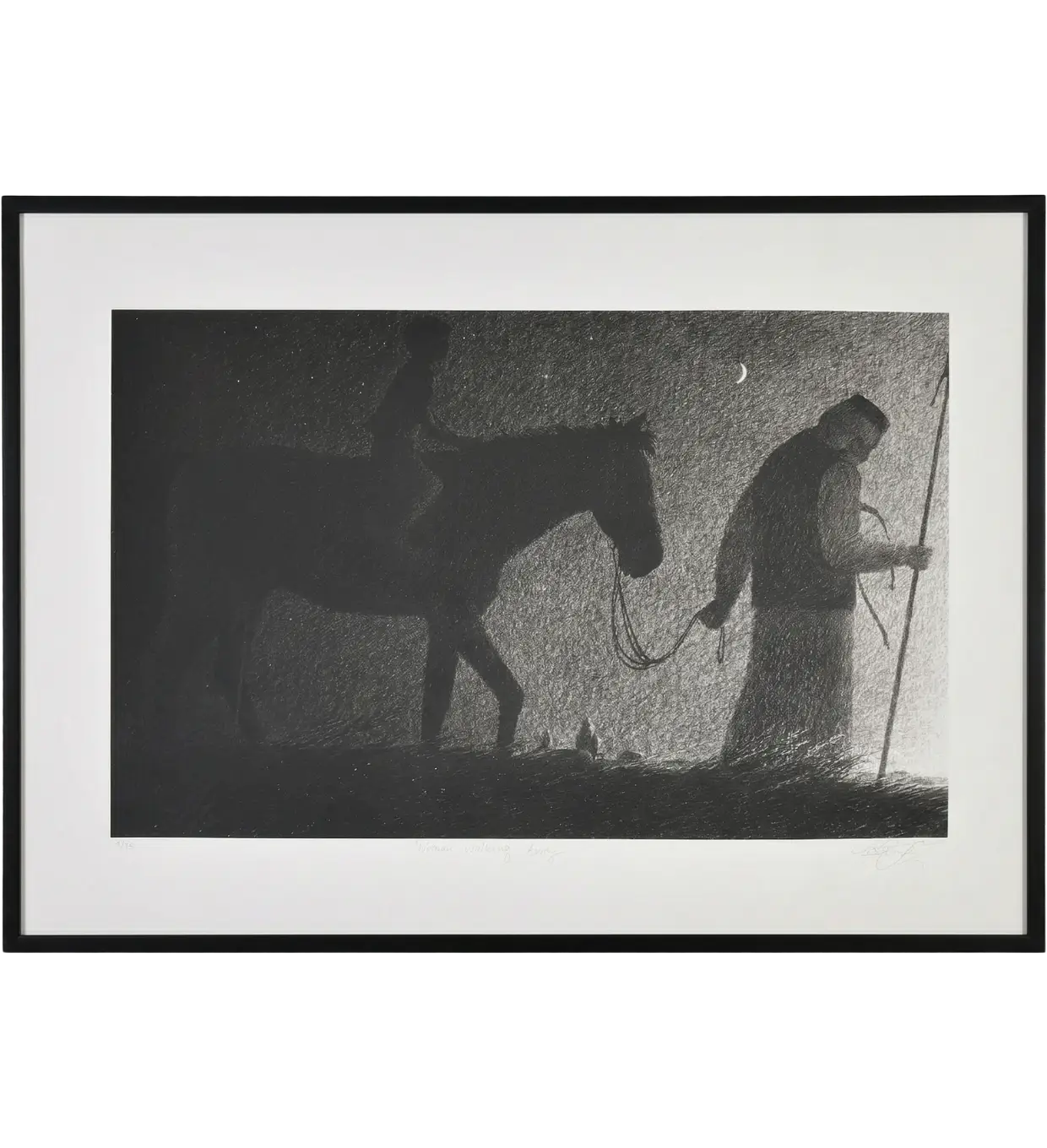 Original lithograph woman walking away with horse under crescent moon signed art West23.