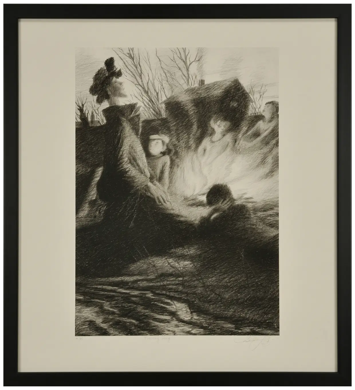 Original figurative lithograph evening fire scene dramatic artwork sourced by West23 art gallery India