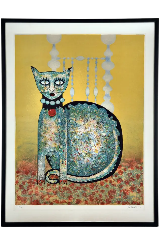 Colourful limited edition decorative cat lithograph signed original artwork West23 art gallery India
