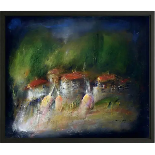 Original pastel painting village at night atmospheric artwork sourced and curated by West23 India