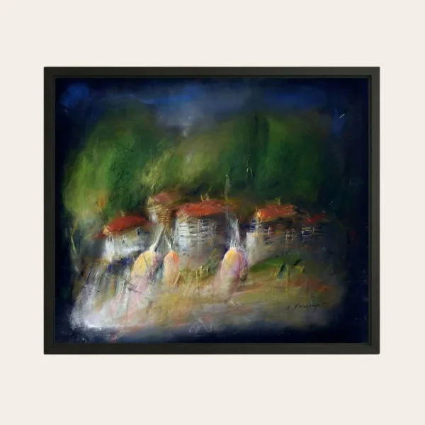 M Fandrup Village in the Hills original pastel painting 1989 European expressionist unique artwork West 23 gallery India