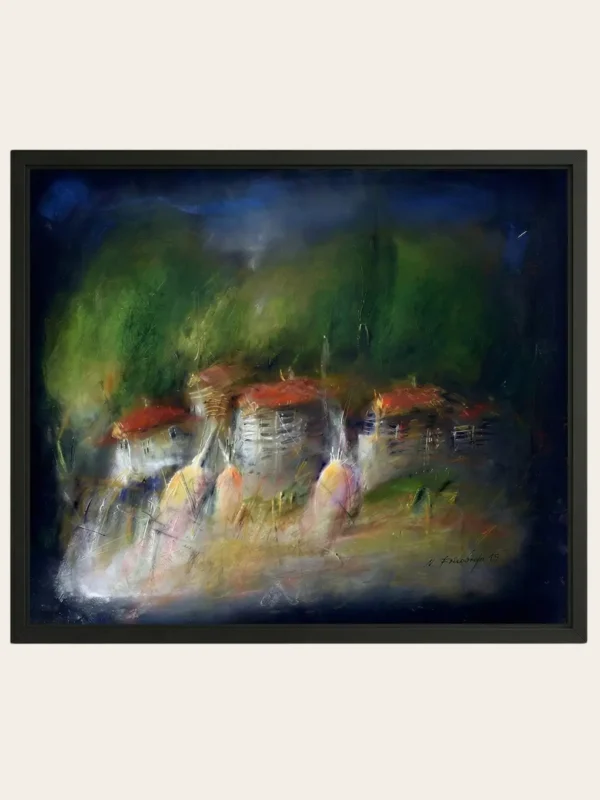 M Fandrup Village in the Hills original pastel painting 1989 European expressionist unique artwork West 23 gallery India