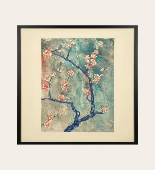 Miya Plum Blossoms original woodblock mixed media print signed contemporary East Asian art West 23 gallery India