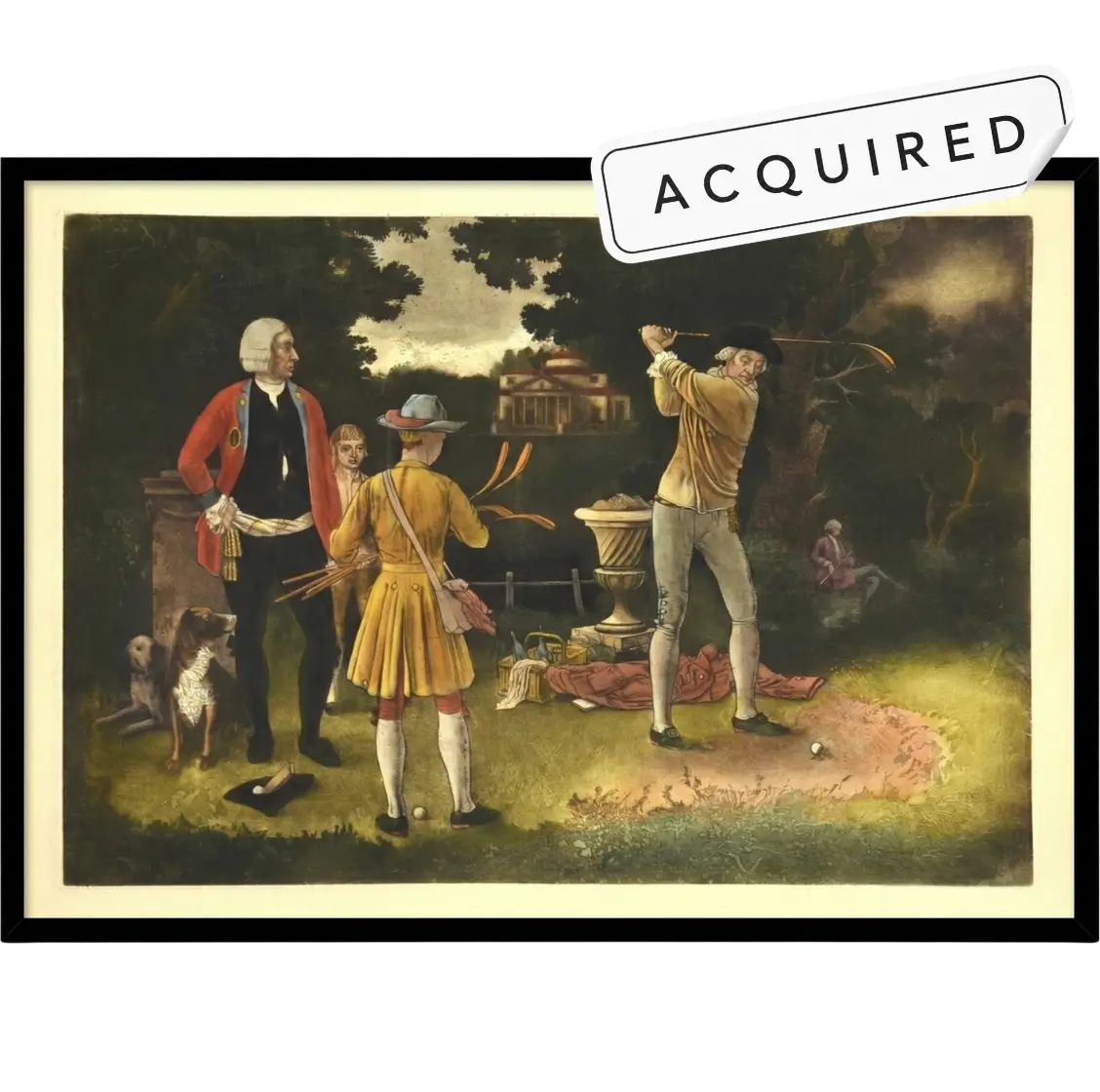 Colonial golf scene colour etching sourced from American estate sale available at West 23 art gallery Chennai