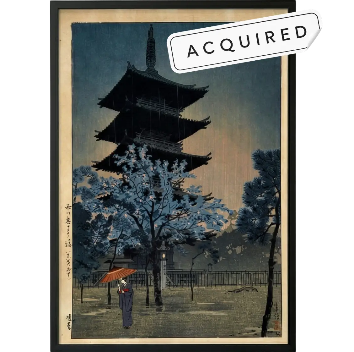 Rare Japanese woodblock print of pagoda in evening rain available at West 23 curated western art gallery India